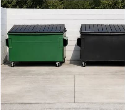 Enclosure T1, green and black dumpsters against a white wall, pad swept